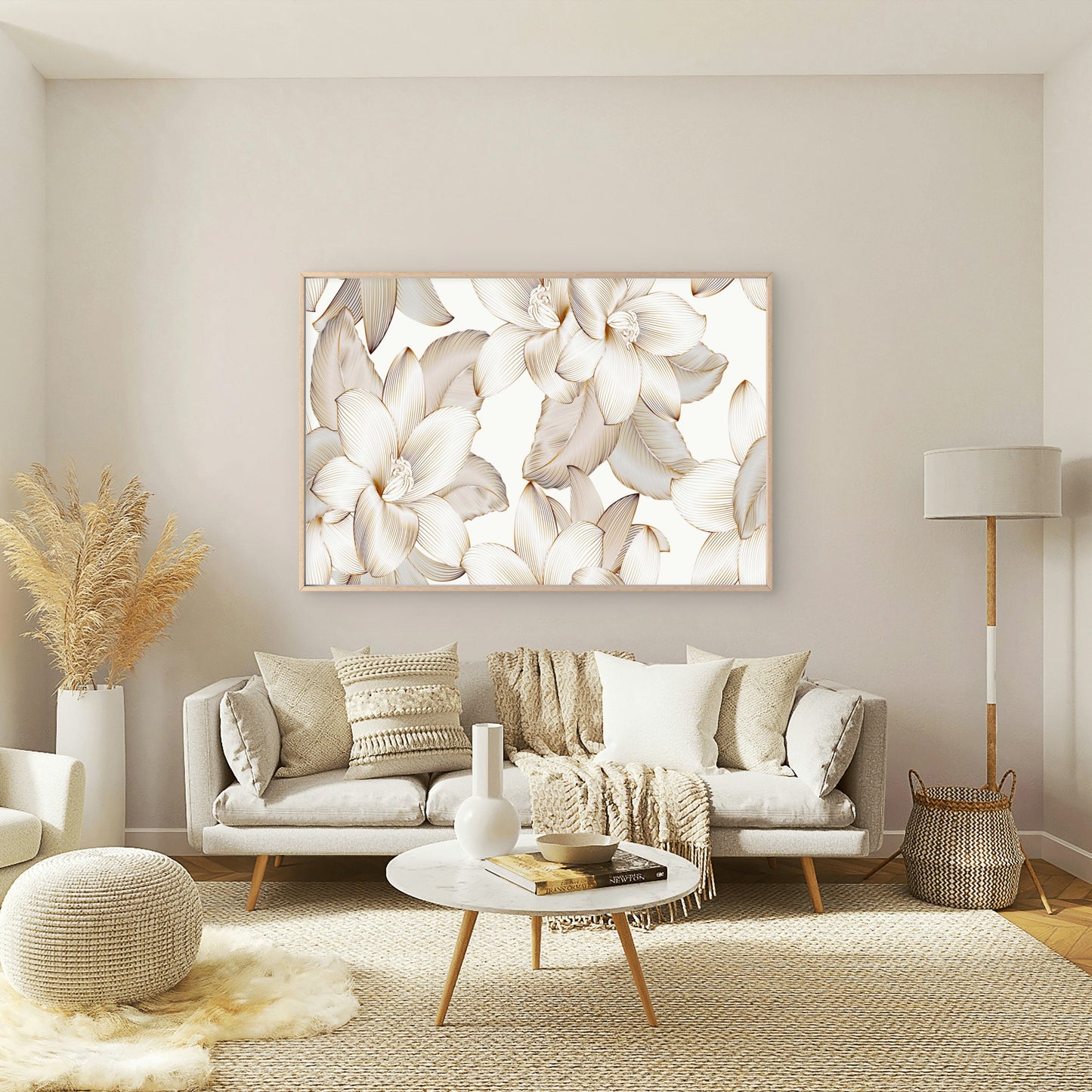 Luxury White and Gold Magnolia Floral Seamless Pattern Wall Art Decor 100% Australian Made