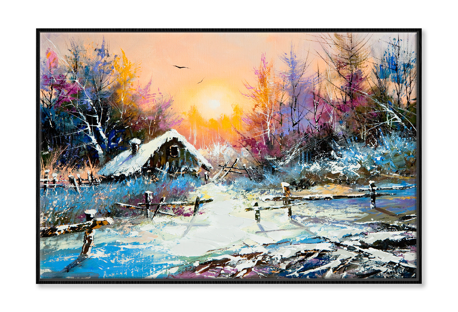 Rural Winter & Sunrise Landscape Painting Wall Art Limited Edition High Quality Print Canvas Box Framed Black