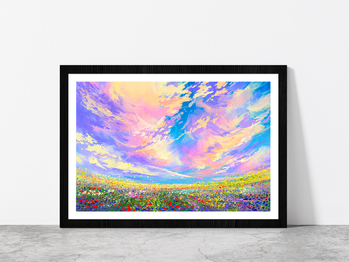 Colorful Flowers In Field Under Beautiful Clouds Glass Framed Wall Art, Ready to Hang Quality Print With White Border Black