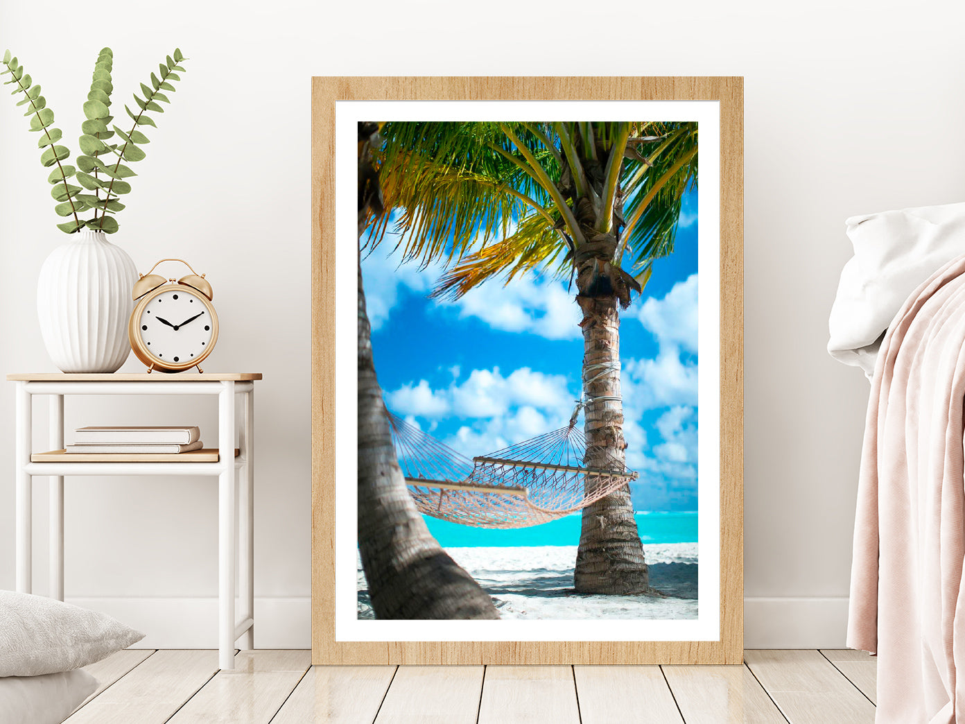 Hammock with Palm Trees Beach Photograph Glass Framed Wall Art, Ready to Hang Quality Print With White Border Oak