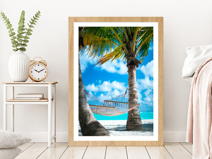 Hammock with Palm Trees Beach Photograph Glass Framed Wall Art, Ready to Hang Quality Print With White Border Oak