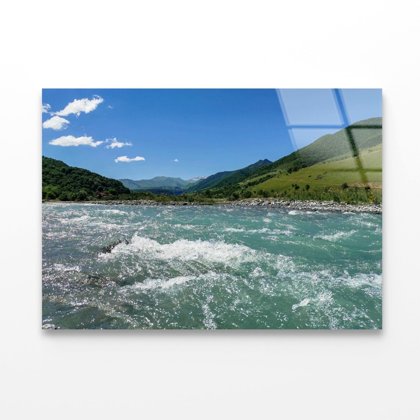 A River Flowing Through Green Hills with Mountains Acrylic Glass Print Tempered Glass Wall Art 100% Made in Australia Ready to Hang