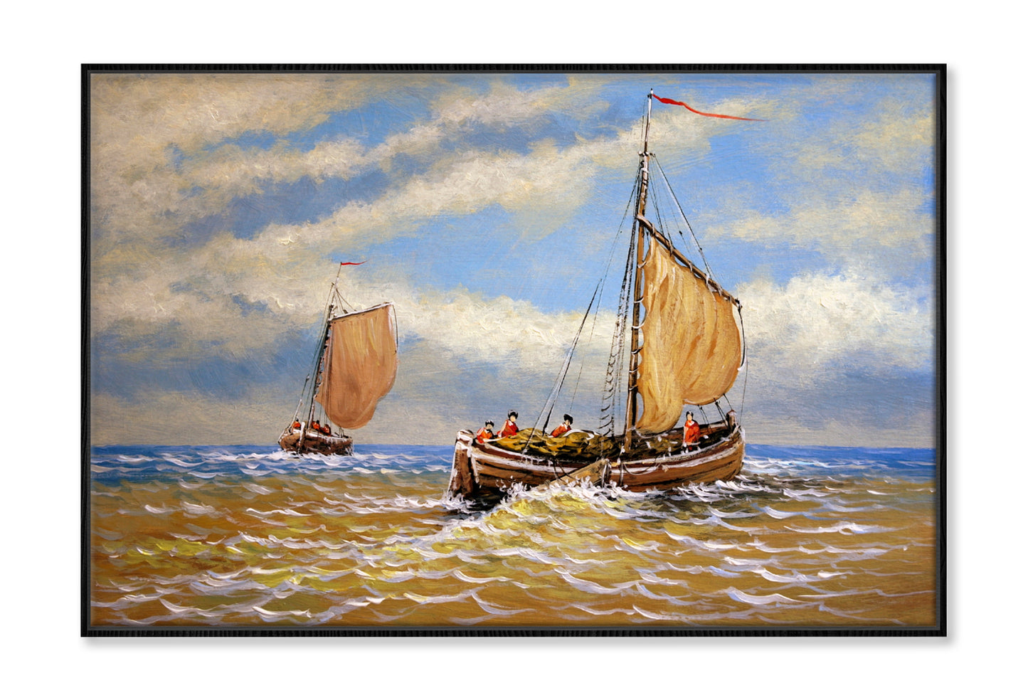 Sailing Boat in the Sea & Cloudy Sky Oil Painting Wall Art Limited Edition High Quality Print Canvas Box Framed Black