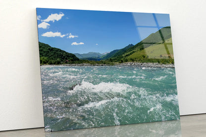 A River Flowing Through Green Hills with Mountains Acrylic Glass Print Tempered Glass Wall Art 100% Made in Australia Ready to Hang