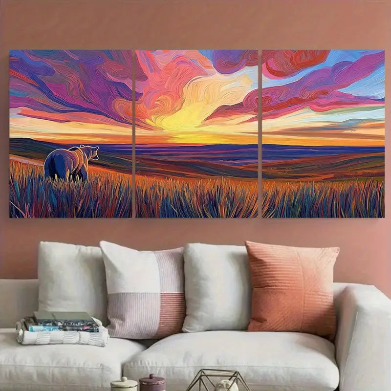 3pcs Grizzly Bear in Tundra Sunset Bold Metal Print Ready to Hang Art