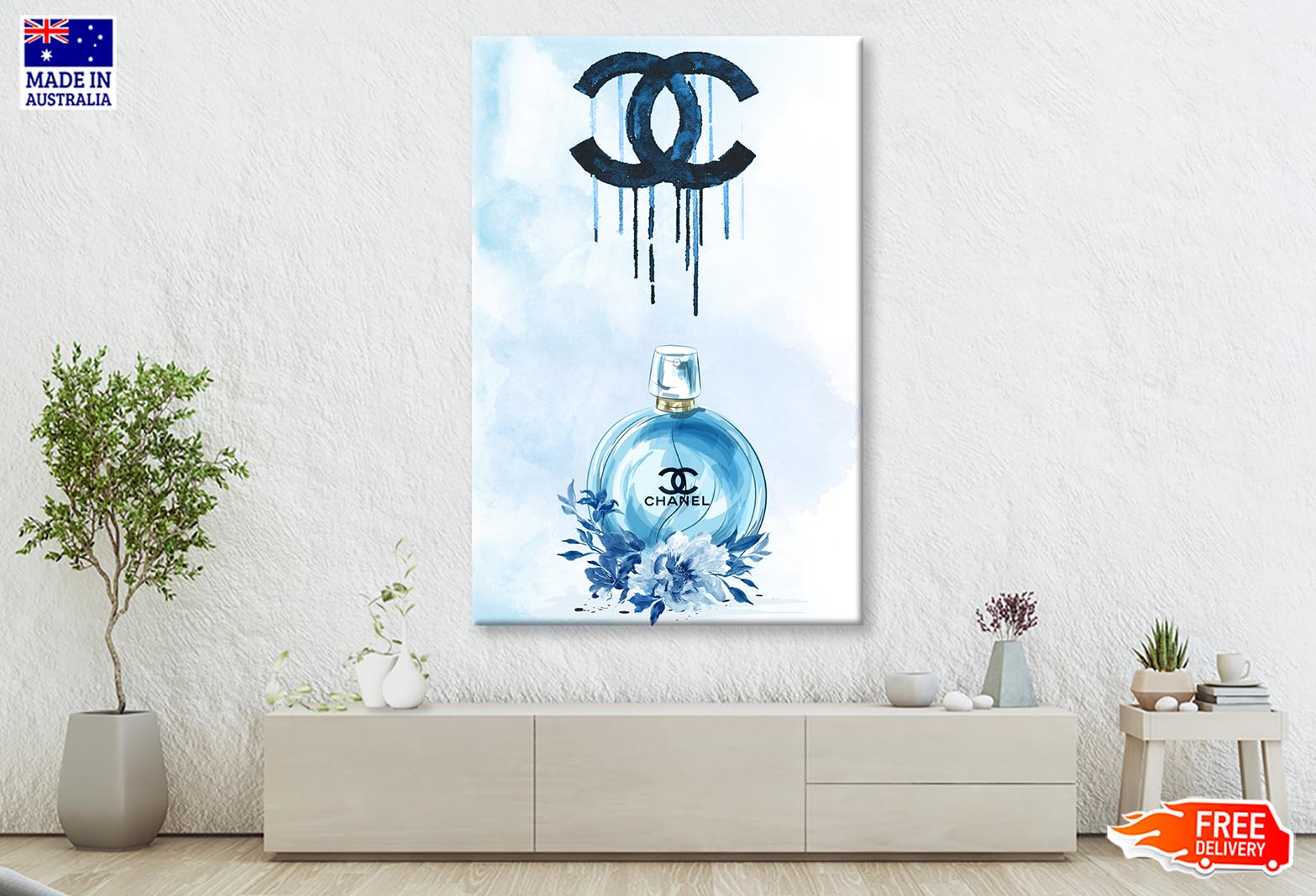 Luxury Blue Colored Perfume with Flowers Wall Art Limited Edition High Quality Print