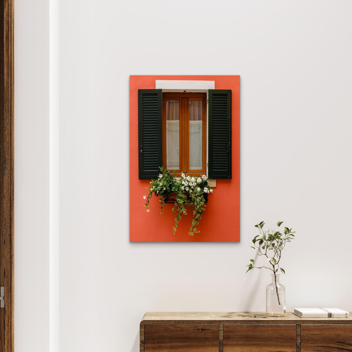 Red Wall Window Flower Box 40x60cm Metal Print Ready to Hang
