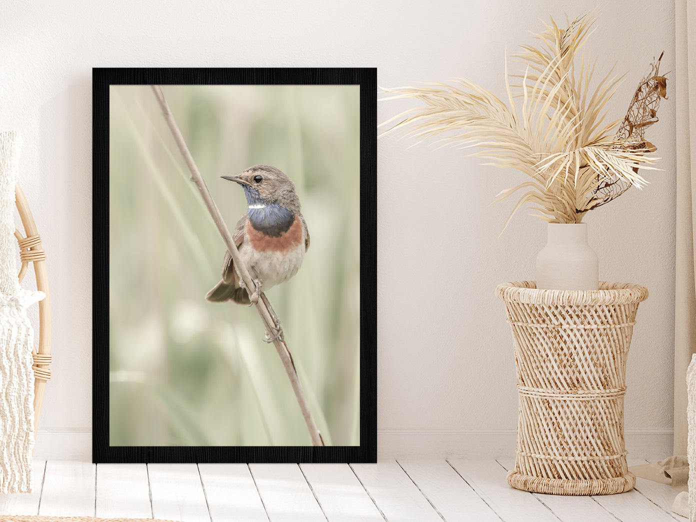 Bluethroat Bird on Branch Photograph Glass Framed Wall Art, Ready to Hang Quality Print Without White Border Black