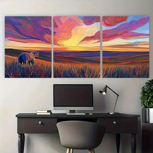 3pcs Grizzly Bear in Tundra Sunset Bold Metal Print Ready to Hang Art