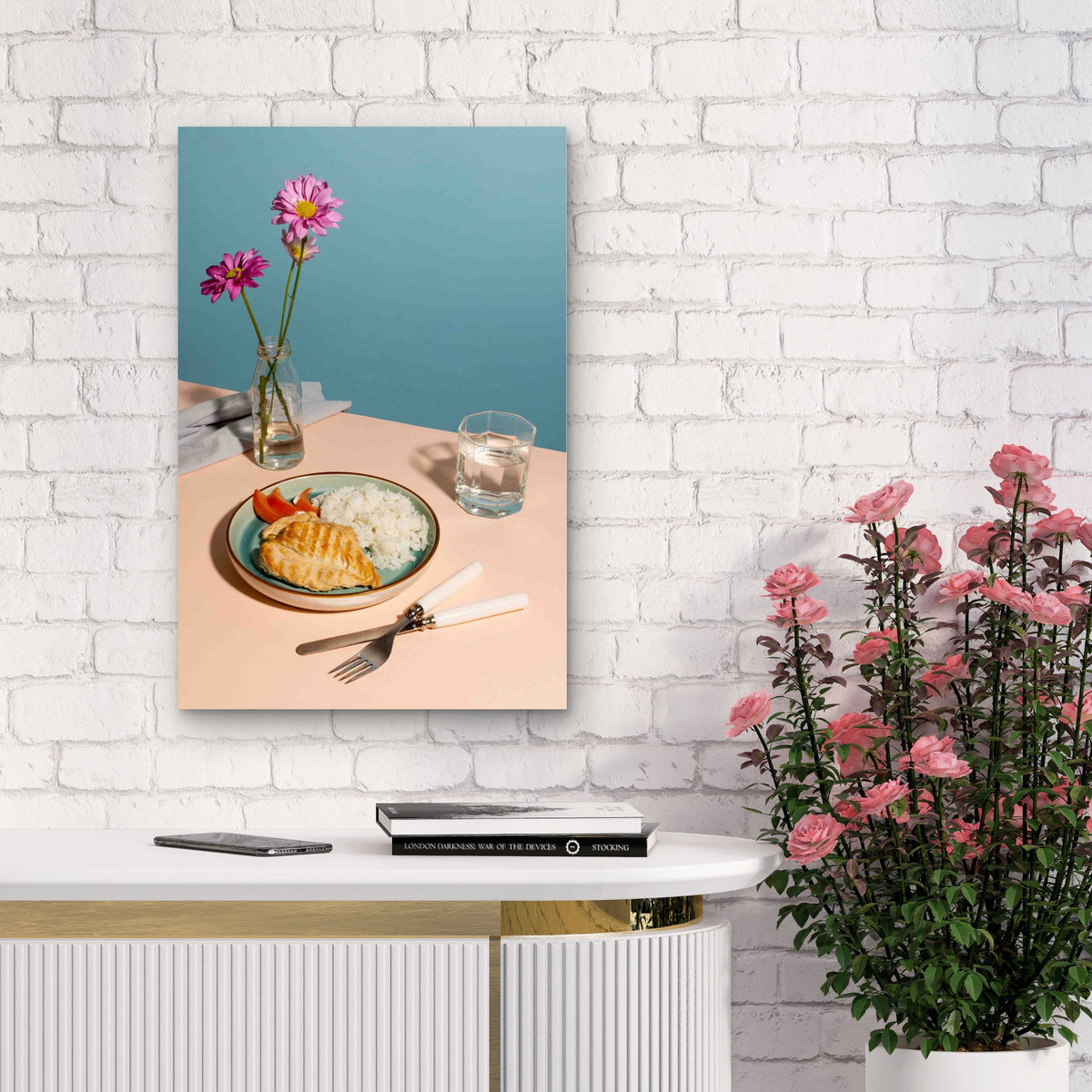 Grilled Chicken Rice Table Meal 40x60cm Metal Print Ready to Hang