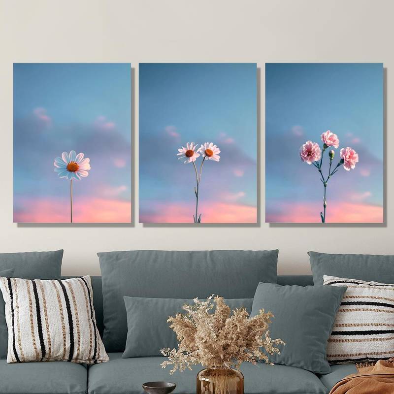 3pcs Red Daisies and Blue Sky Sunset Wall Art Set Canvas Unframed - High Quality Print 100% Australian Made Wall Canvas