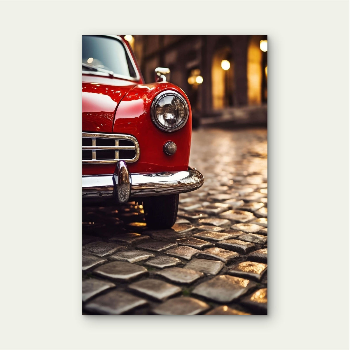 Classic Red Vintage Car Cobblestone Street 40x60cm Metal Print Ready to Hang