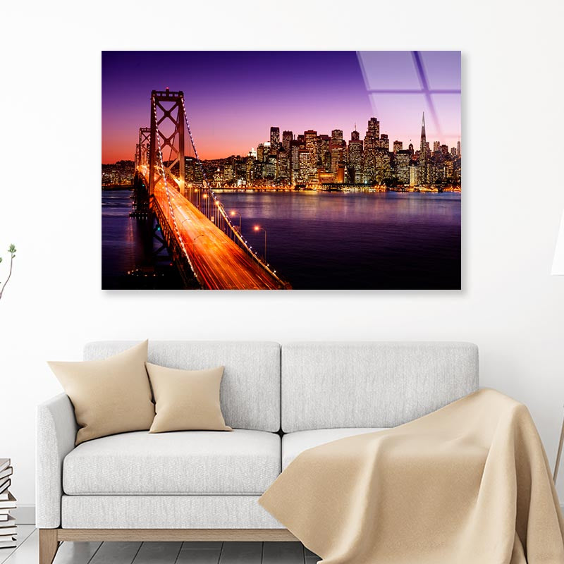 San Francisco Skyline and Bay Bridge at Sunset, California  Acrylic Glass Print Tempered Glass Wall Art 100% Made in Australia Ready to Hang