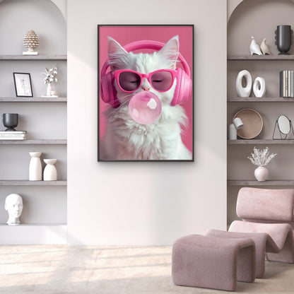 Adorable White Kitty Blowing Pink Bubble Gum Art Fashion Home Decor Premium Quality Poster Print Choose Your Sizes