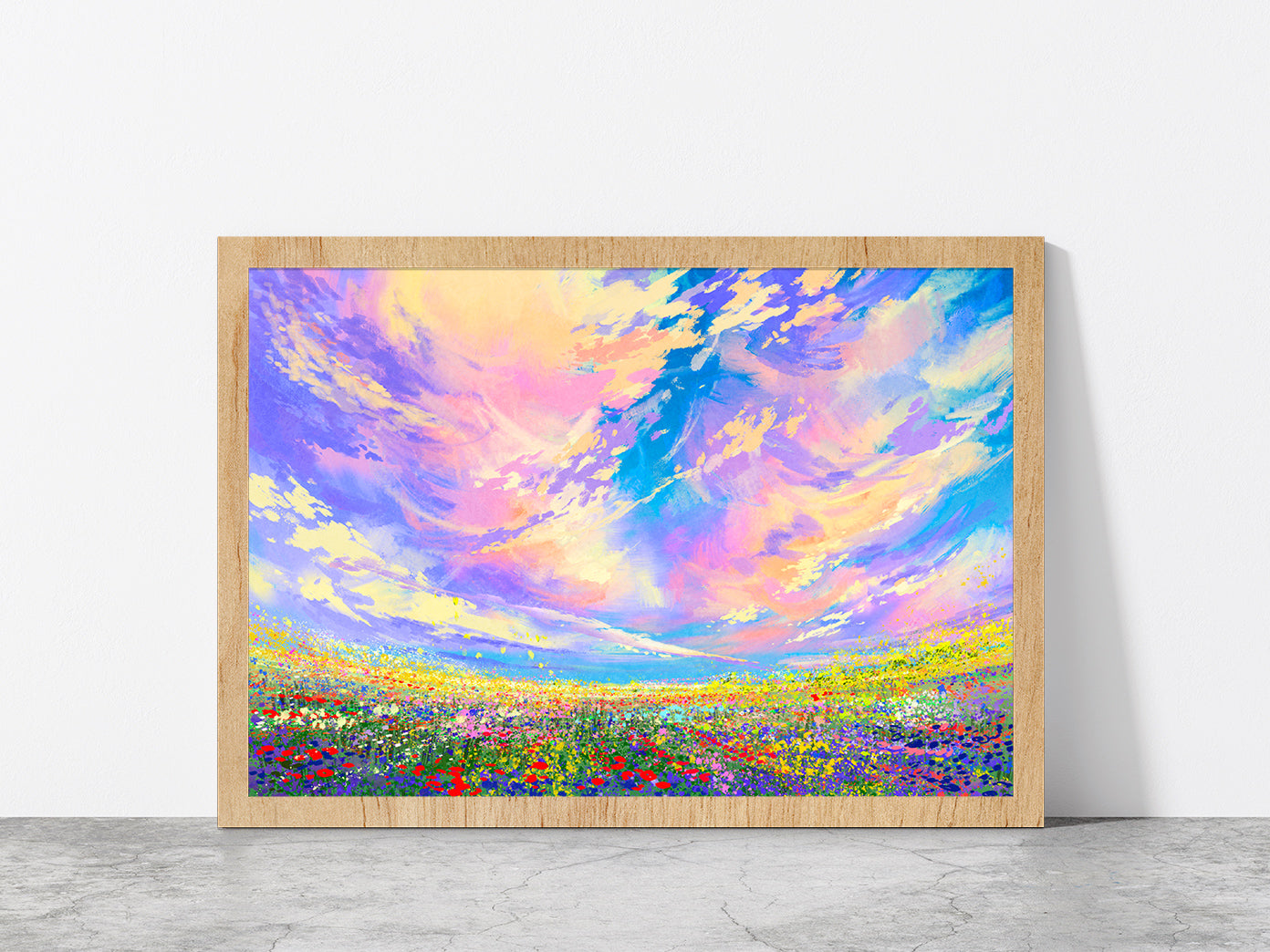 Colorful Flowers In Field Under Beautiful Clouds Glass Framed Wall Art, Ready to Hang Quality Print Without White Border Oak