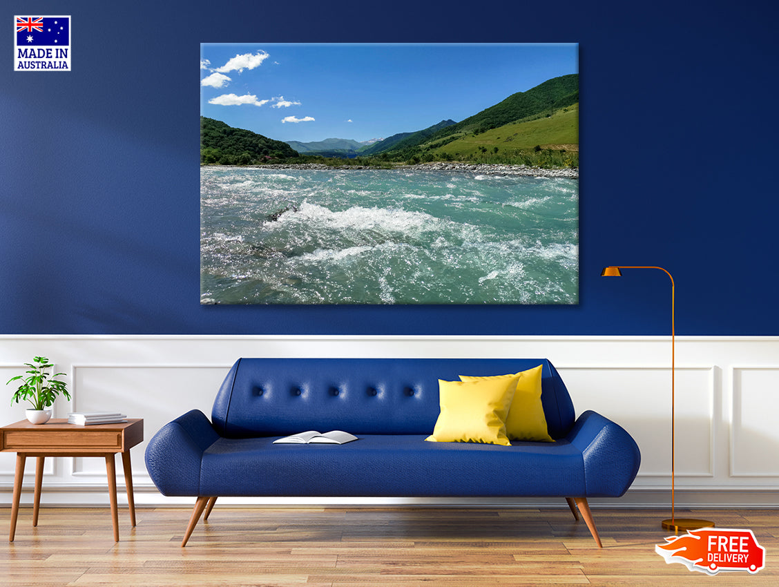 A River Flowing Through Green Hills with Mountains Print 100% Australian Made