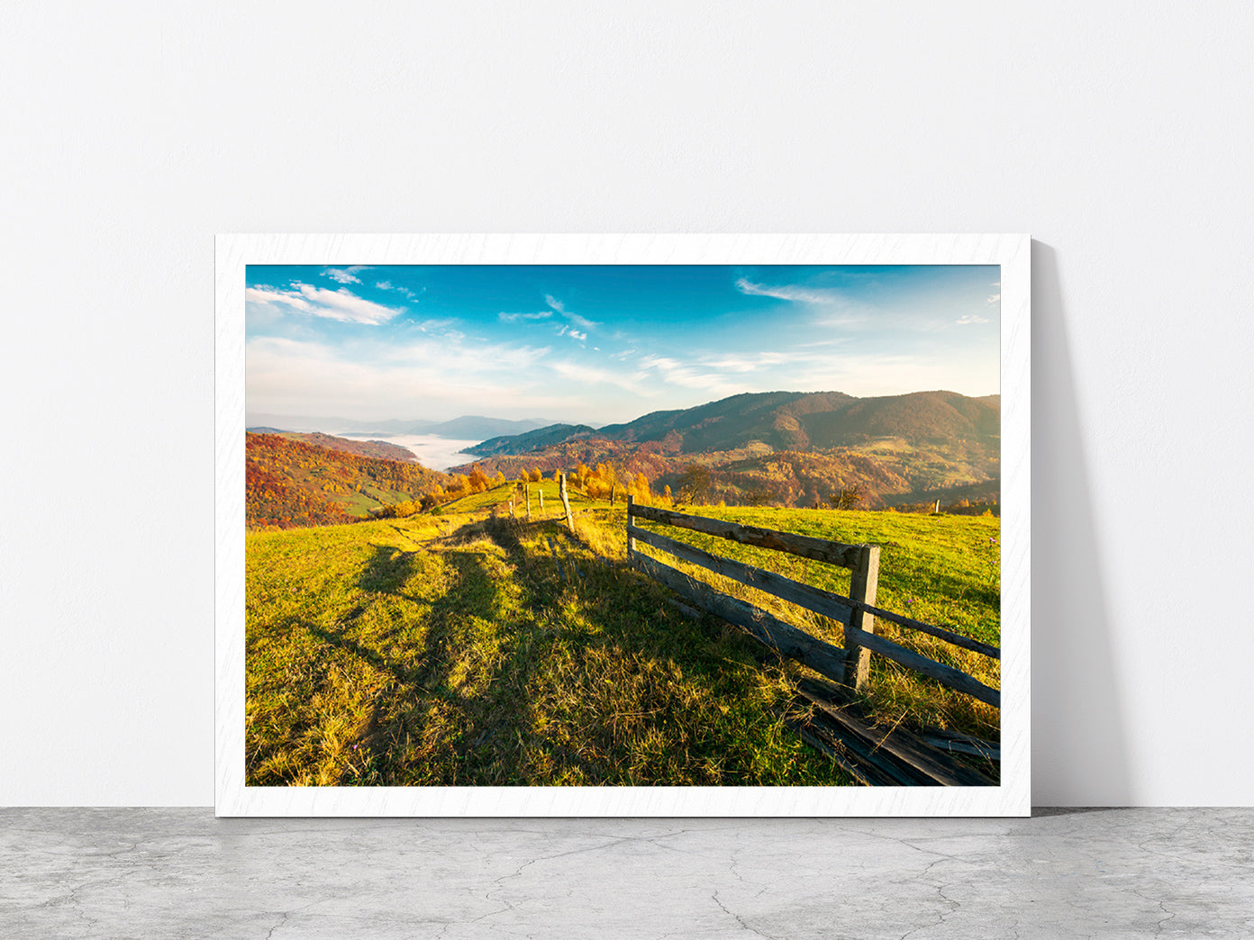 Countryside Foggy Autumn Sunrise Glass Framed Wall Art, Ready to Hang Quality Print Without White Border White