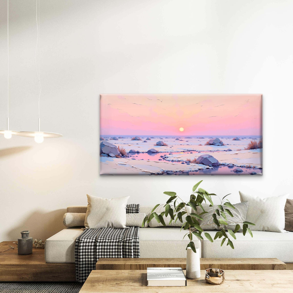 Pink Winter Sunset Horizon Wall Art Canvas Office Home Room Framed 120x60 cm