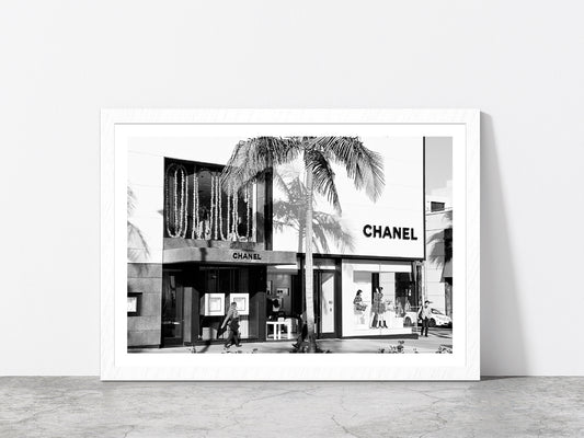 Palm Tree & People near Fashion Store Photograph Glass Framed Wall Art, Ready to Hang Quality Print With White Border White