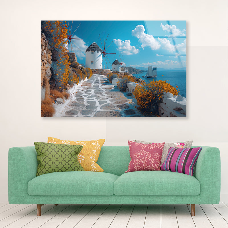 Path with a Boat & Buildings in Greece Acrylic Glass Print Tempered Glass Wall Art 100% Made in Australia Ready to Hang