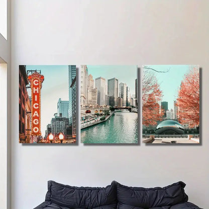 3pcs Chicago Skyline Autumn Leaves & City Metal Print Ready to Hang Art