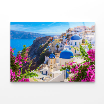 Buildings of Oia Town and Flowers Acrylic Glass Print Tempered Glass Wall Art 100% Made in Australia Ready to Hang