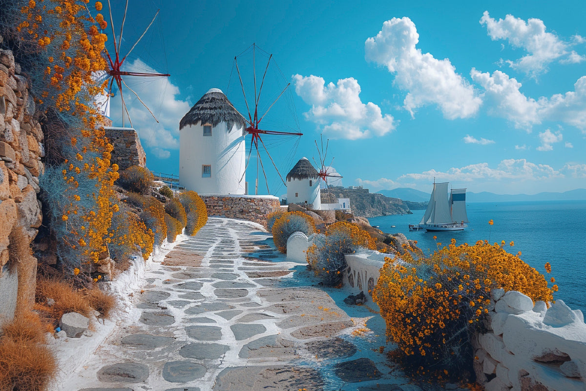 Path with a Boat & Buildings in Greece Print 100% Australian Made