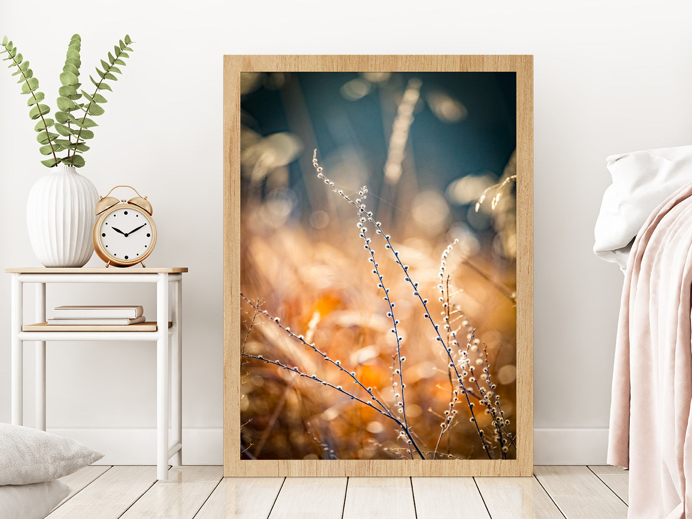 Blurred Autumn Golden Floral Glass Framed Wall Art, Ready to Hang Quality Print Without White Border Oak