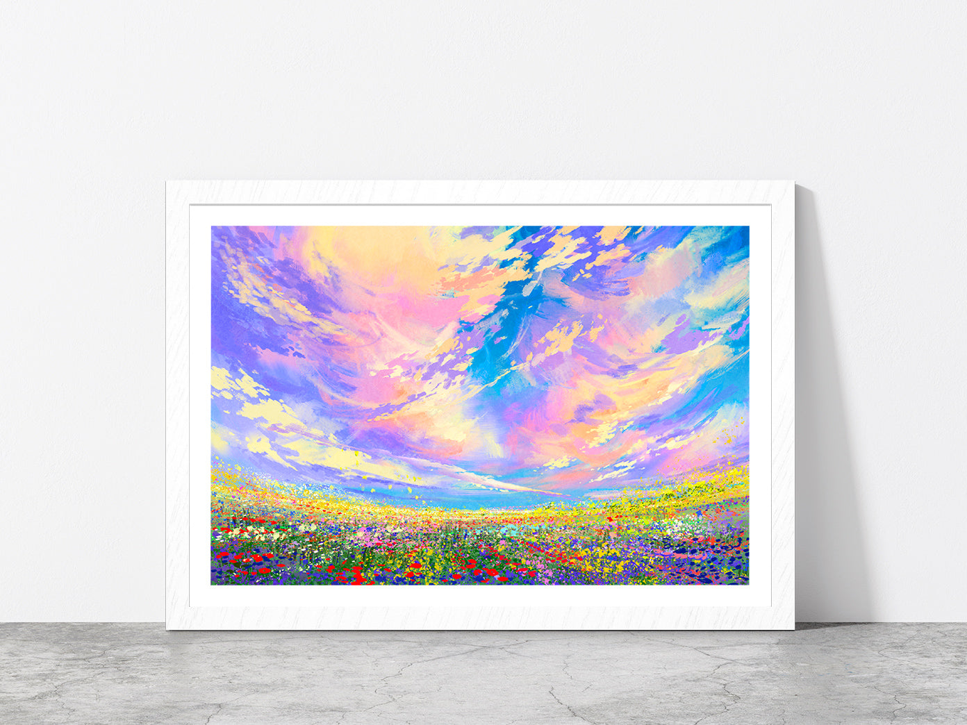 Colorful Flowers In Field Under Beautiful Clouds Glass Framed Wall Art, Ready to Hang Quality Print With White Border White