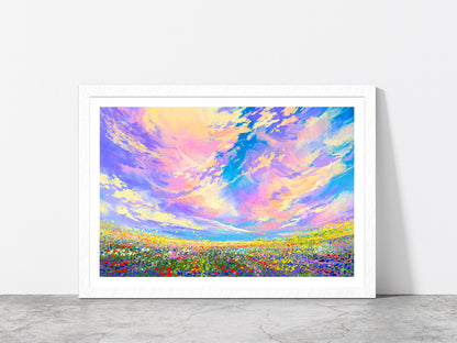 Colorful Flowers In Field Under Beautiful Clouds Glass Framed Wall Art, Ready to Hang Quality Print With White Border White