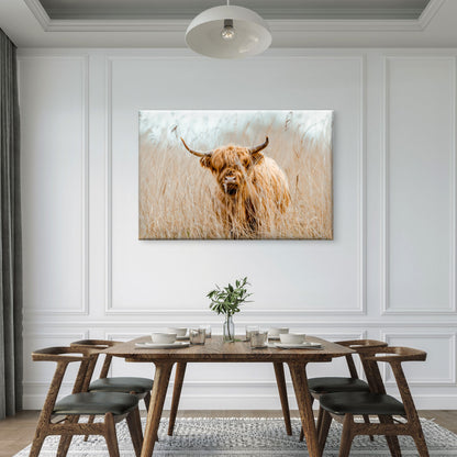 Rustic Farmhouse Highland Cow with Neutral Toned Wheat Field Wall Art Decor 100% Australian Made