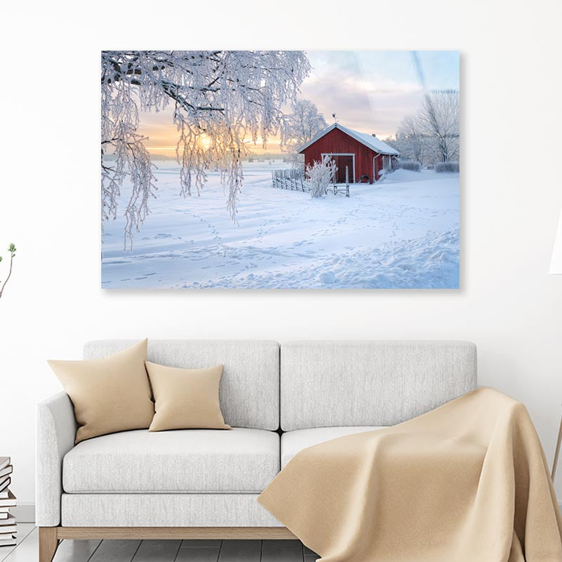 Winter View Of a Red Barn at Sunset in Rusko, Finland Acrylic Glass Print Tempered Glass Wall Art 100% Made in Australia Ready to Hang