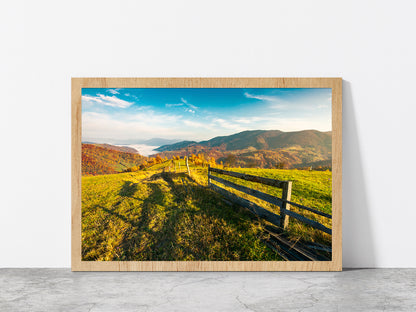 Countryside Foggy Autumn Sunrise Glass Framed Wall Art, Ready to Hang Quality Print Without White Border Oak