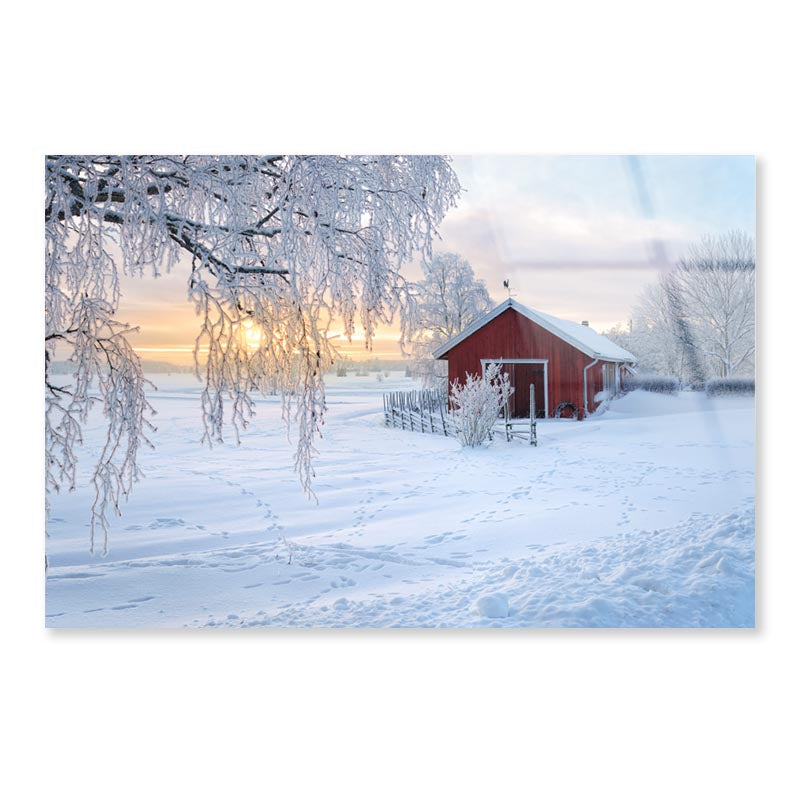 Winter View Of a Red Barn at Sunset in Rusko, Finland Acrylic Glass Print Tempered Glass Wall Art 100% Made in Australia Ready to Hang