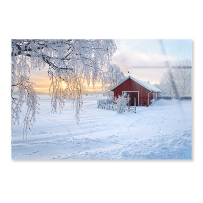 Winter View Of a Red Barn at Sunset in Rusko, Finland Acrylic Glass Print Tempered Glass Wall Art 100% Made in Australia Ready to Hang