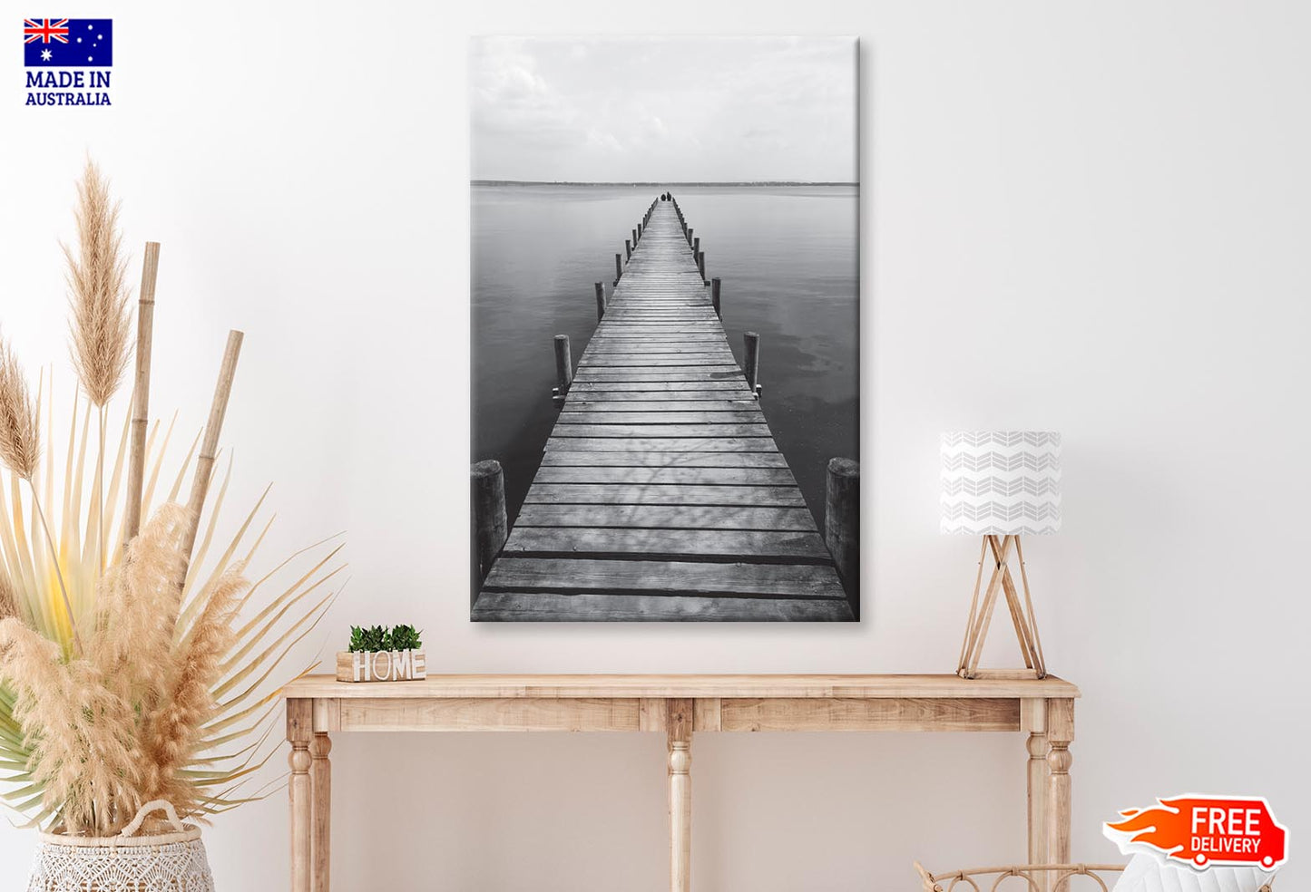 Wooden Pier On Lake  B&W View Wall Art Decor 100% Australian Made