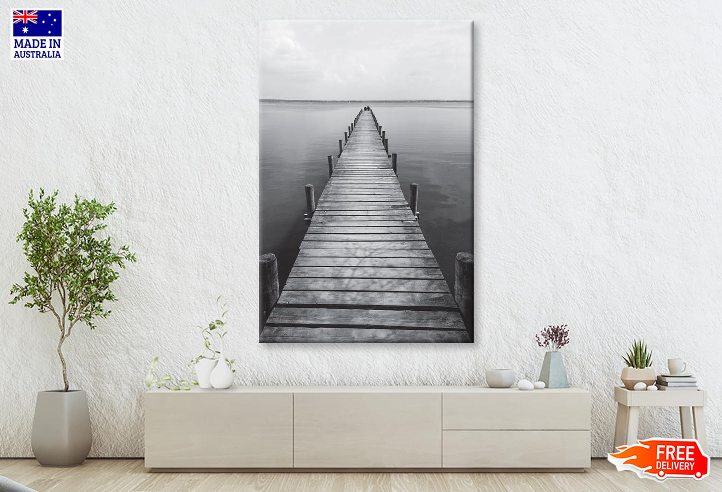 Wooden Pier On Lake  B&W View Wall Art Decor 100% Australian Made