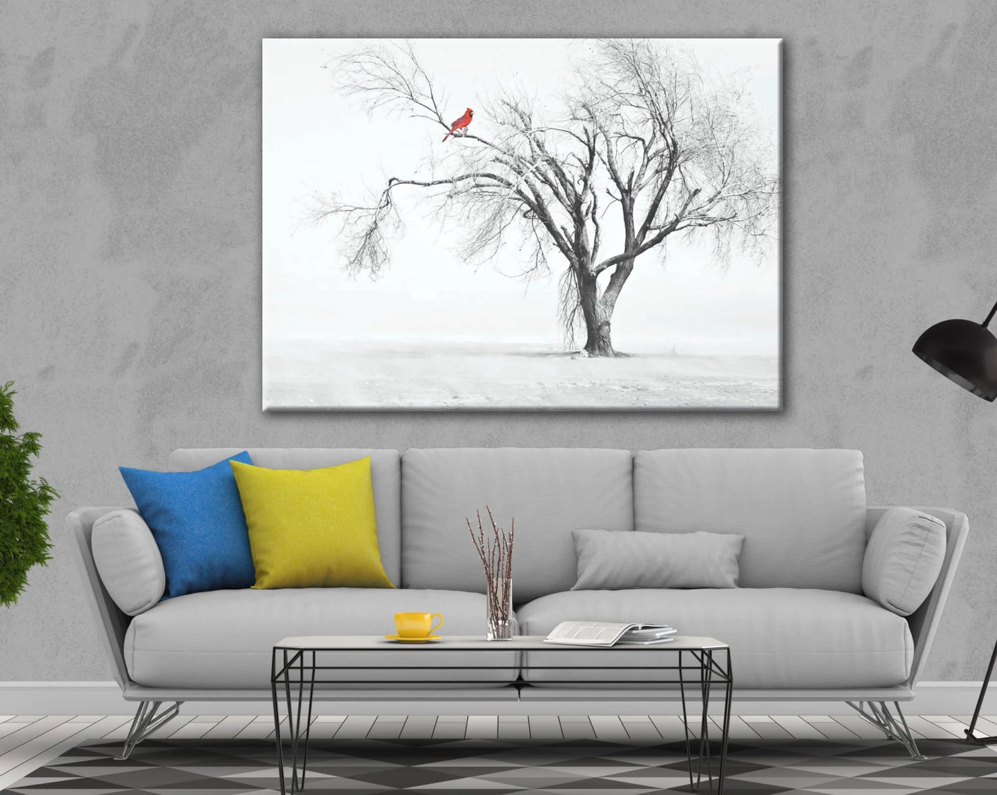 Red Bird Forest trees Modern Painting Black & White 90x60cm Print 100% Australian Made