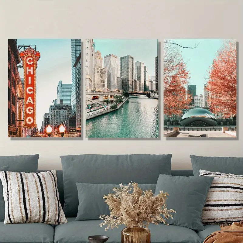 3pcs Chicago Skyline Autumn Leaves & City Metal Print Ready to Hang Art