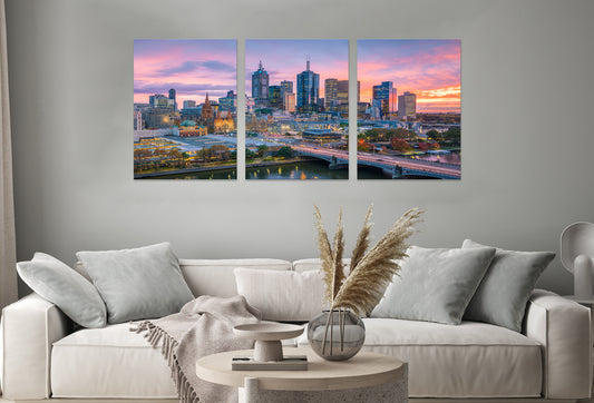 3pcs Melbourne Skyline Sunset Golden Hour Wall Art Set Canvas Framed 40x60cm - High Quality Print 100% Australian Made Wall Canvas Ready to Hang