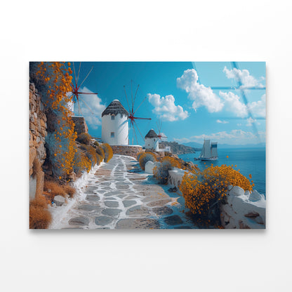 Path with a Boat & Buildings in Greece Acrylic Glass Print Tempered Glass Wall Art 100% Made in Australia Ready to Hang