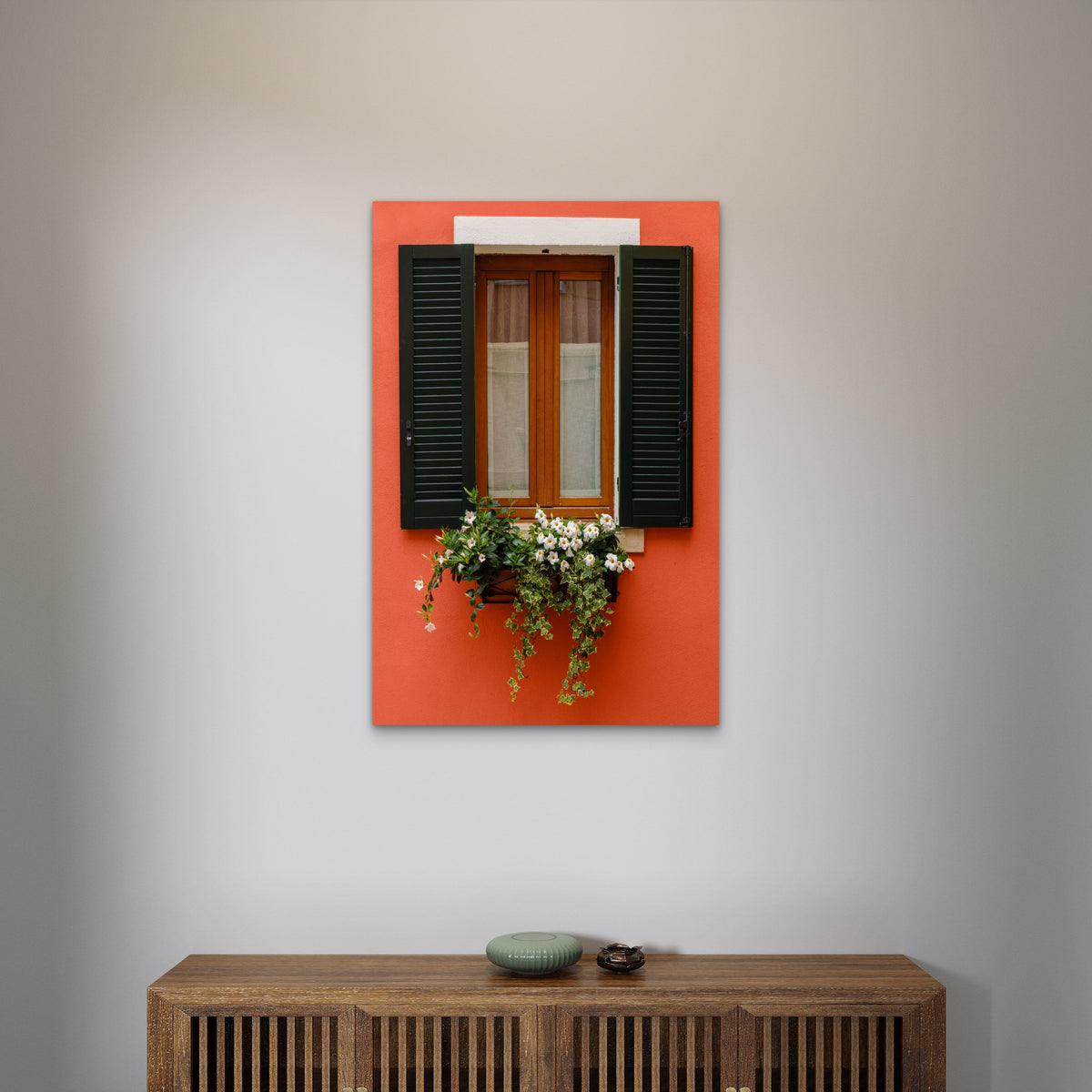 Red Wall Window Flower Box 40x60cm Metal Print Ready to Hang