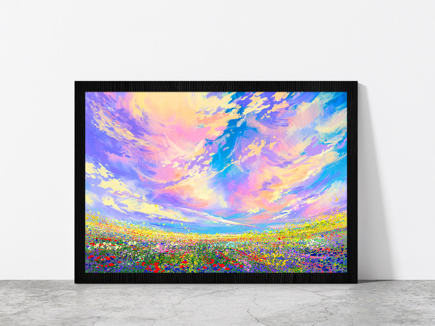 Colorful Flowers In Field Under Beautiful Clouds Glass Framed Wall Art, Ready to Hang Quality Print Without White Border Black