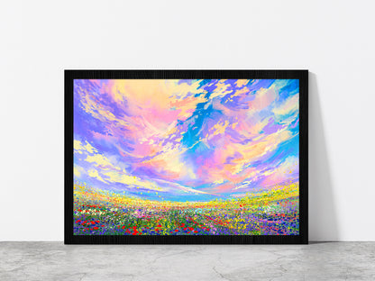 Colorful Flowers In Field Under Beautiful Clouds Glass Framed Wall Art, Ready to Hang Quality Print Without White Border Black