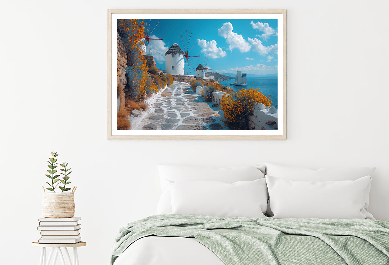 Path with a Boat & Buildings in Greece Home Decor Premium Quality Poster Print Choose Your Sizes