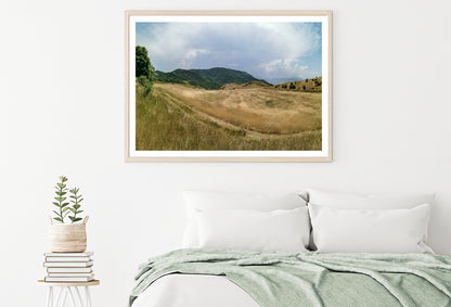 View Of a Grassy Field with Hills, Clear Sky & Clouds Home Decor Premium Quality Poster Print Choose Your Sizes