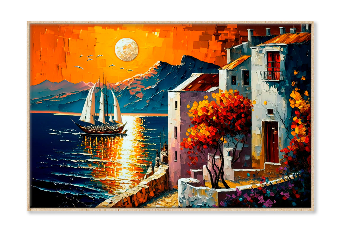 Seaside Cityscape With Ocean View Oil Painting Wall Art Limited Edition High Quality Print Canvas Box Framed Natural