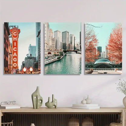 3pcs Chicago Skyline Autumn Leaves & City Metal Print Ready to Hang Art