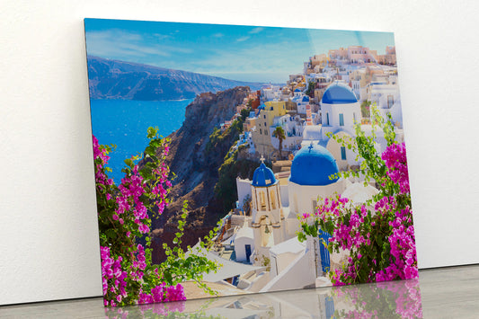 Buildings of Oia Town and Flowers Acrylic Glass Print Tempered Glass Wall Art 100% Made in Australia Ready to Hang