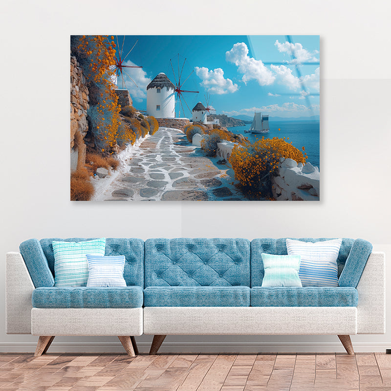 Path with a Boat & Buildings in Greece Acrylic Glass Print Tempered Glass Wall Art 100% Made in Australia Ready to Hang